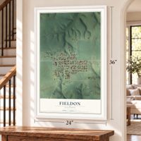 Fieldon, Illinois map, 24 x 36 inch print in a white frame by a staircase