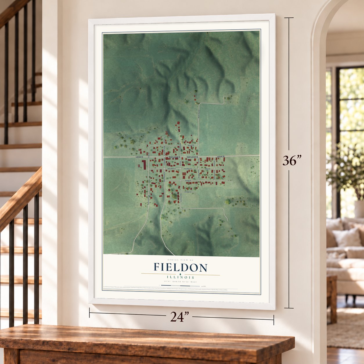 Fieldon, Illinois map, 24 x 36 inch print in a white frame by a staircase