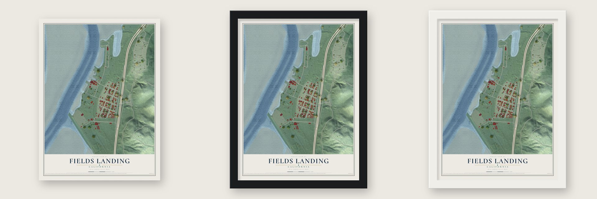 Fields Landing, California map unframed, in a black wood frame and in a white wood frame