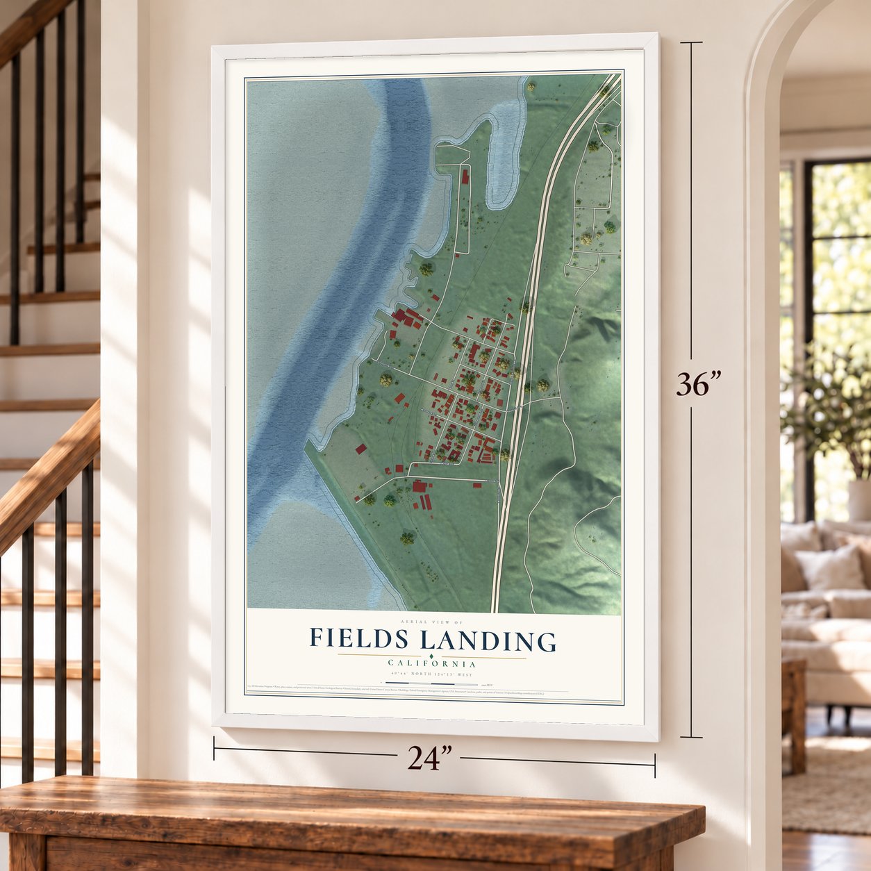 Fields Landing, California map, 24 x 36 inch print in a white frame by a staircase