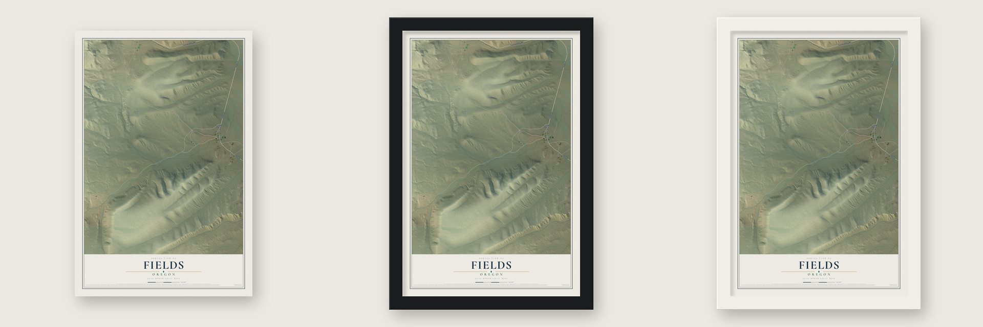 Fields, Oregon map unframed, in a black wood frame and in a white wood frame