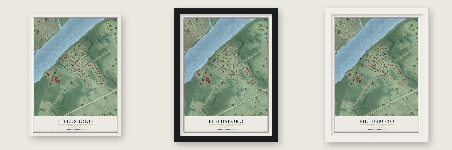 Fieldsboro, New Jersey map unframed, in a black wood frame and in a white wood frame