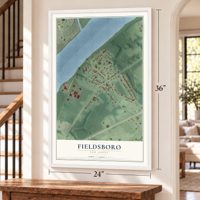 Fieldsboro, New Jersey map, 24 x 36 inch print in a white frame by a staircase