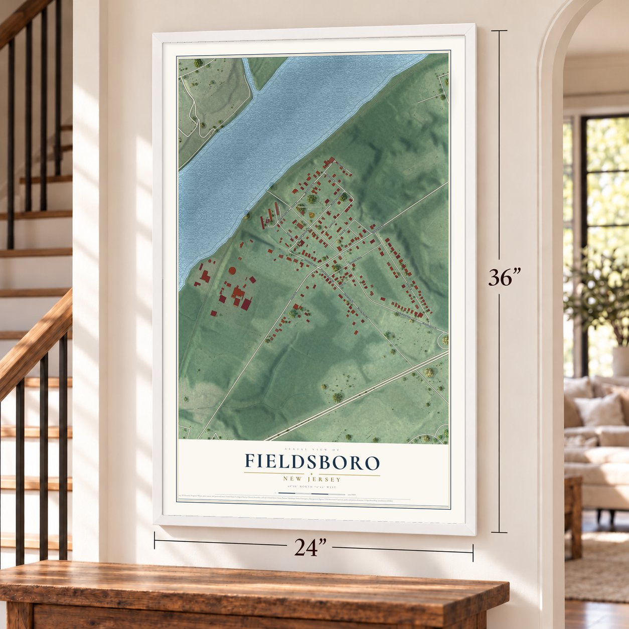 Fieldsboro, New Jersey map, 24 x 36 inch print in a white frame by a staircase