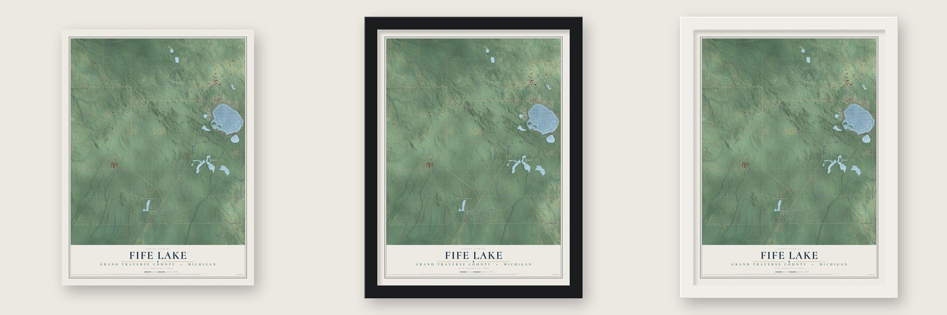 Fife Lake, Grand Traverse County, Michigan map unframed, in a black wood frame and in a white wood frame
