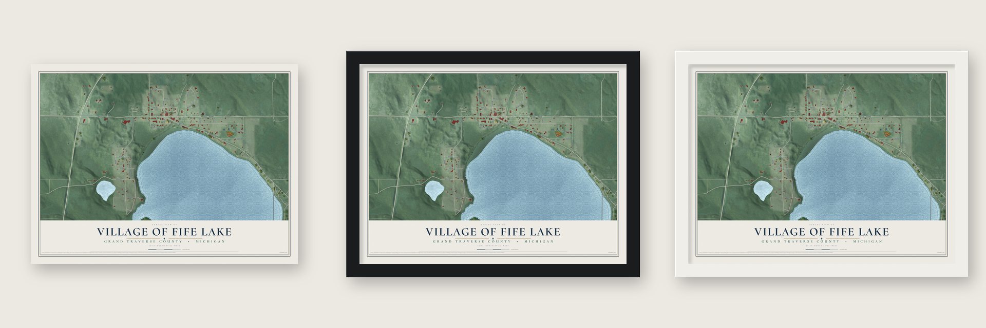 Fife Lake, Michigan map unframed, in a black wood frame and in a white wood frame
