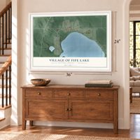 Fife Lake, Michigan map, 24 x 36 inch print in a white frame above a dresser by a staircase