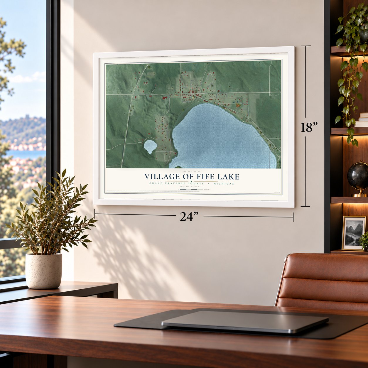 Fife Lake, Michigan map, 18 x 24 inch print in a white frame in a home office