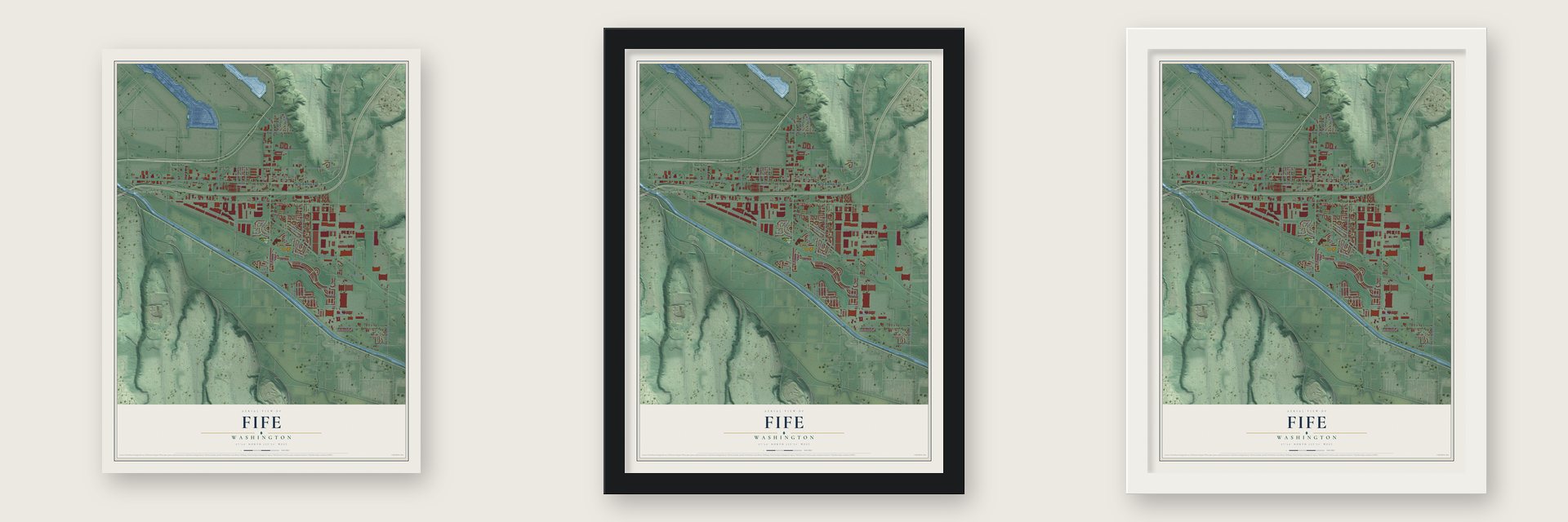 Fife, Washington map unframed, in a black wood frame and in a white wood frame