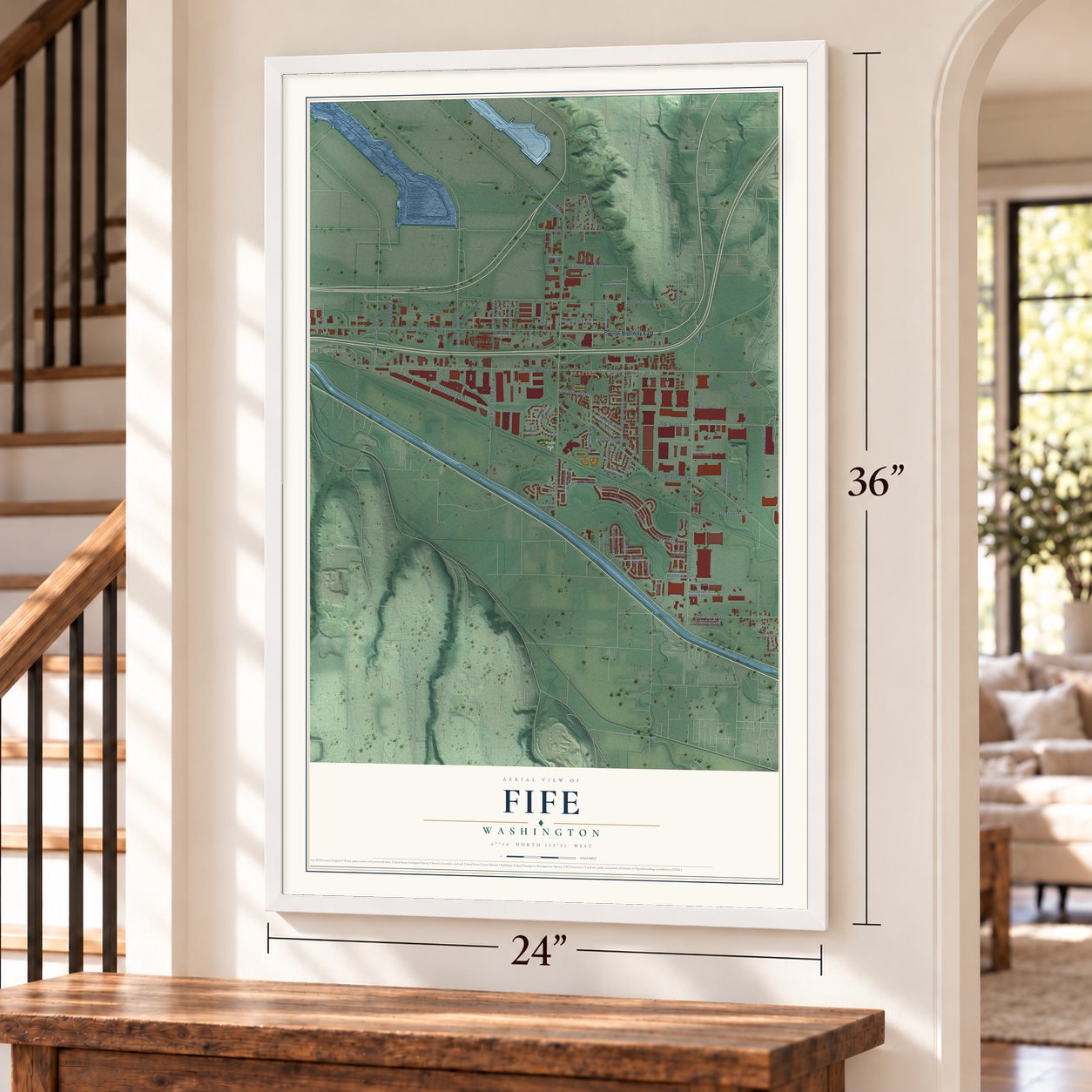Fife, Washington map, 24 x 36 inch print in a white frame by a staircase