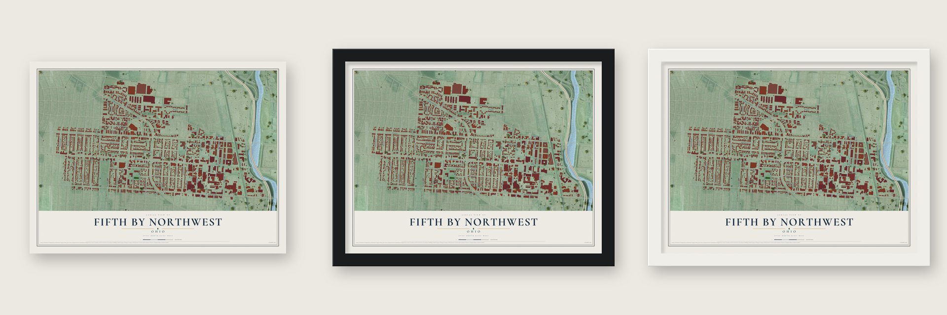 Fifth by Northwest, Ohio map unframed, in a black wood frame and in a white wood frame
