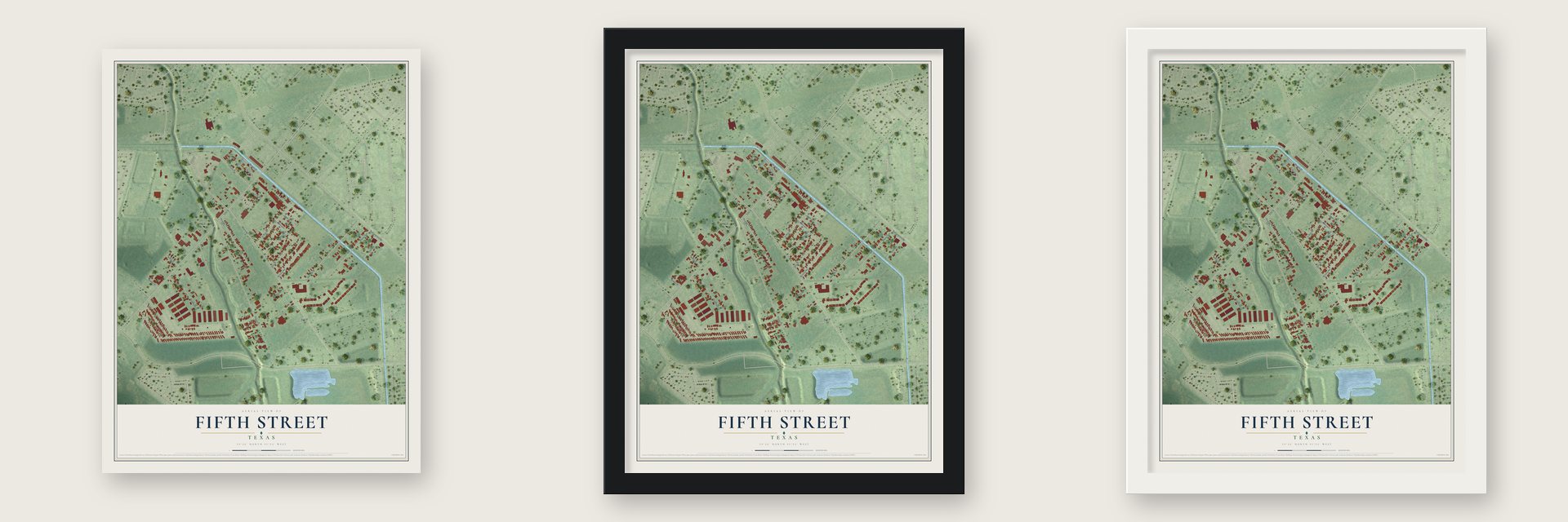 Fifth Street, Texas map unframed, in a black wood frame and in a white wood frame