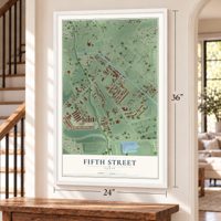Fifth Street, Texas map, 24 x 36 inch print in a white frame by a staircase