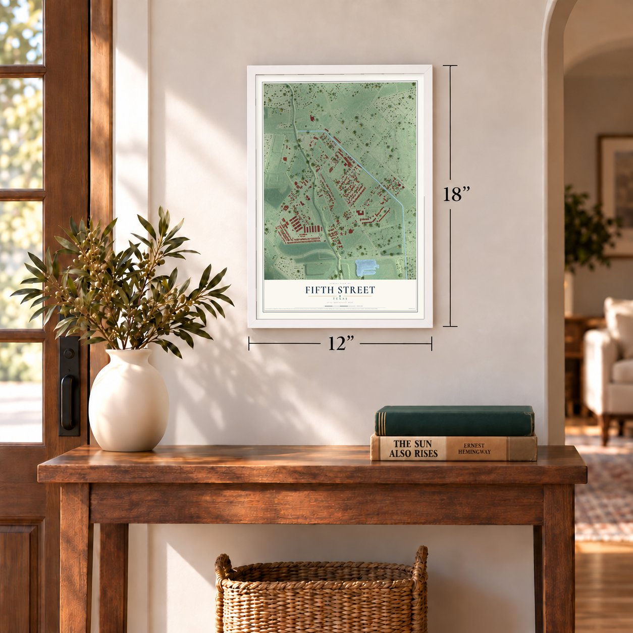 Fifth Street, Texas map, 12 x 18 inch print in a white frame in an entryway