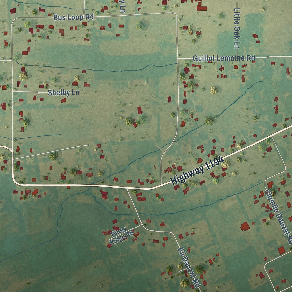 Second close-up of the map of Fifth Ward, Louisiana print showing more streets and buildings