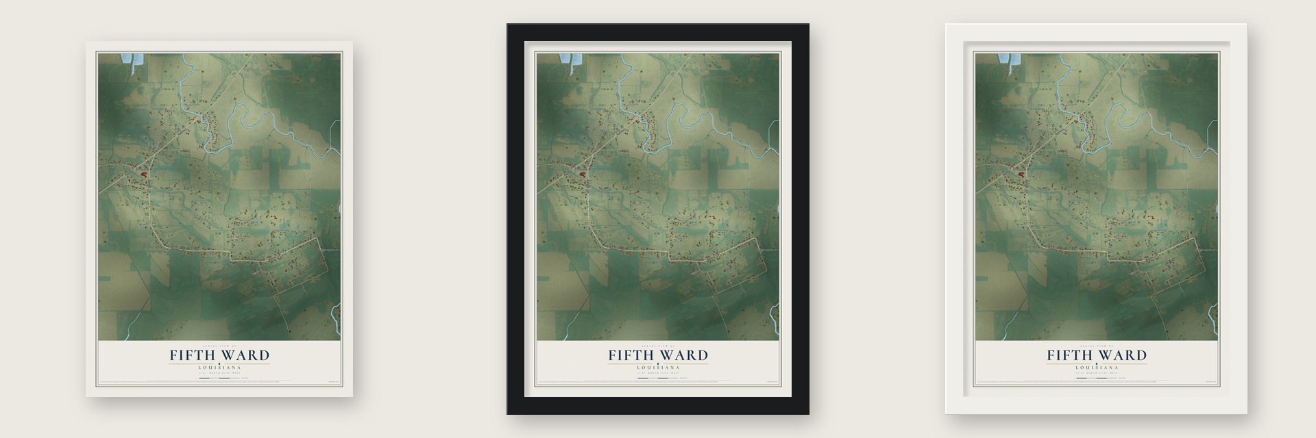 Fifth Ward, Louisiana map unframed, in a black wood frame and in a white wood frame