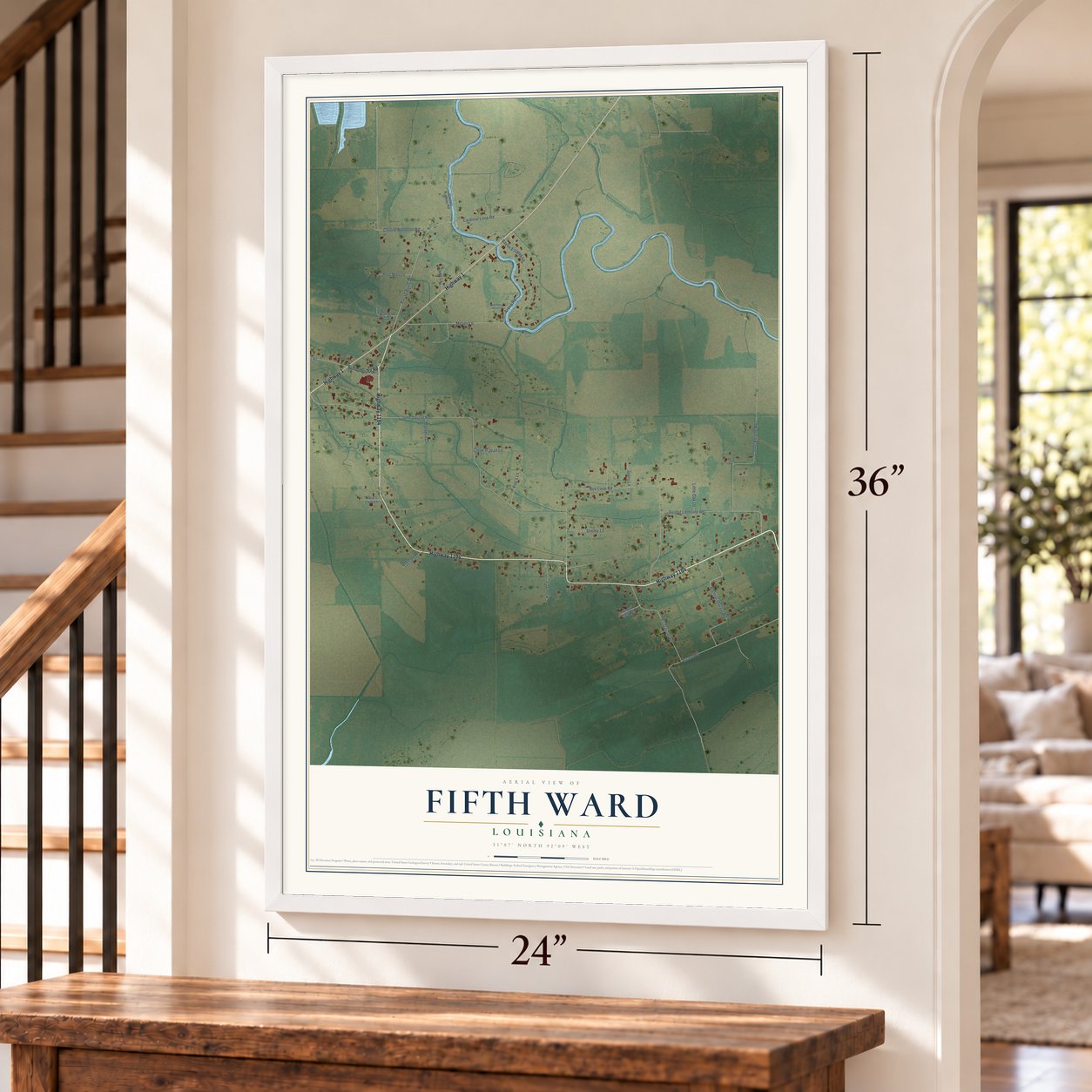 Fifth Ward, Louisiana map, 24 x 36 inch print in a white frame by a staircase