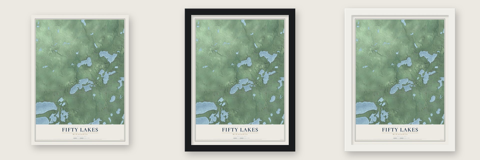 Fifty Lakes, Minnesota map unframed, in a black wood frame and in a white wood frame