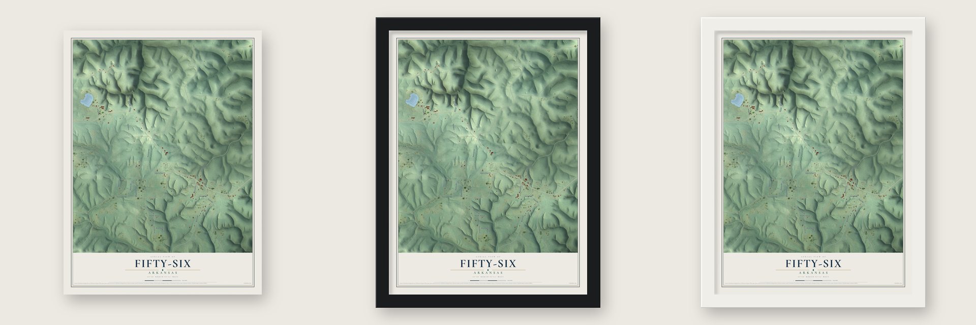 Fifty-Six, Arkansas map unframed, in a black wood frame and in a white wood frame
