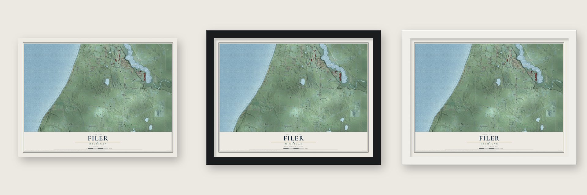 Filer, Michigan map unframed, in a black wood frame and in a white wood frame