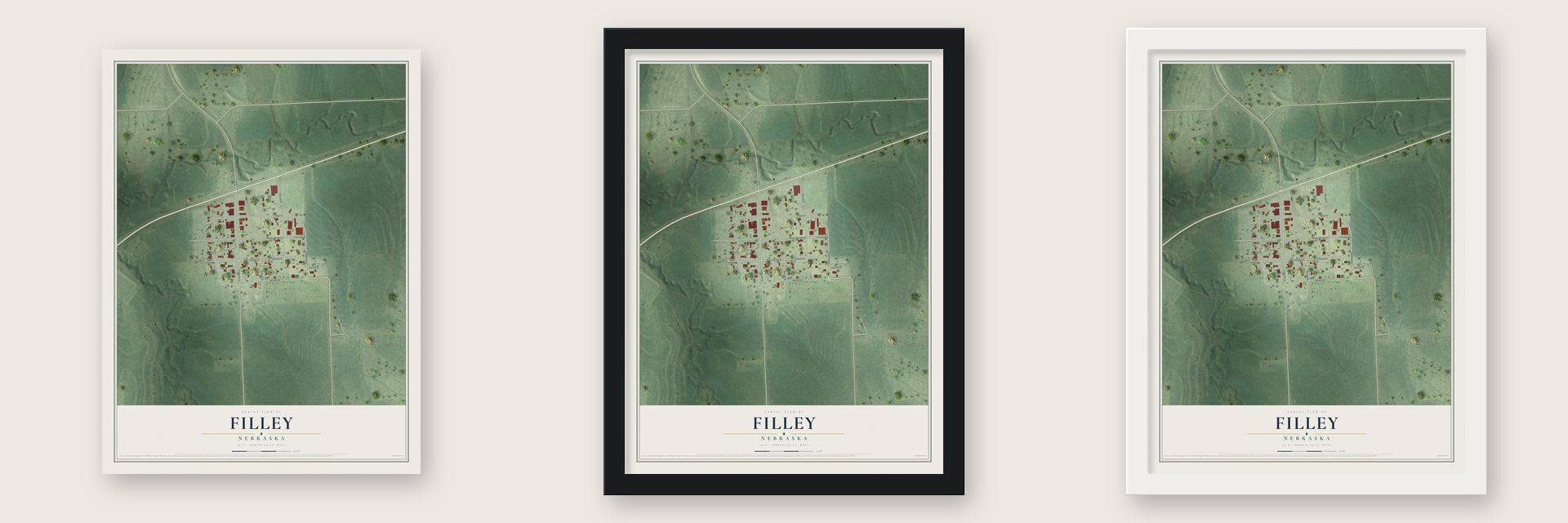 Filley, Nebraska map unframed, in a black wood frame and in a white wood frame