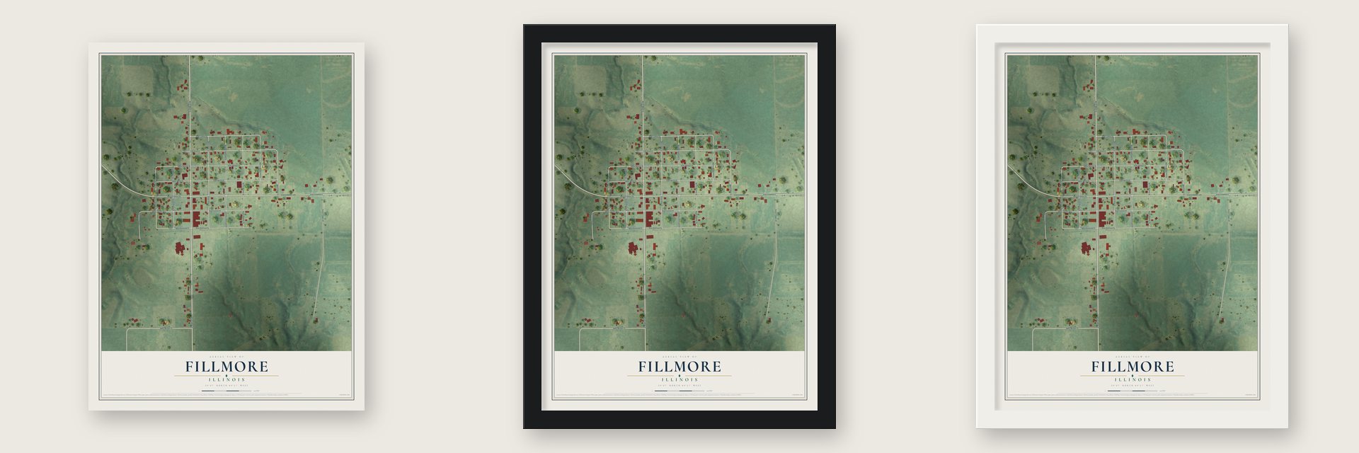 Fillmore, Illinois map unframed, in a black wood frame and in a white wood frame