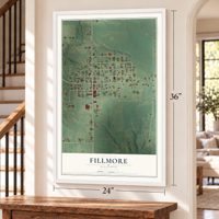 Fillmore, Illinois map, 24 x 36 inch print in a white frame by a staircase