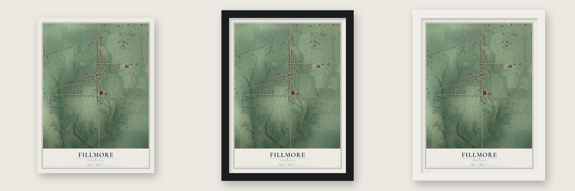 Fillmore, Indiana map unframed, in a black wood frame and in a white wood frame
