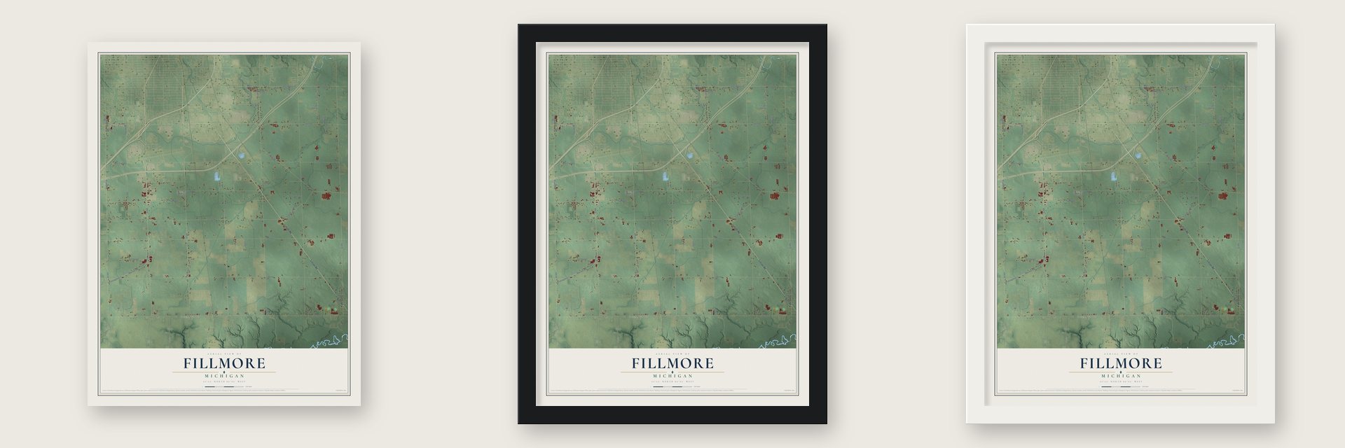Fillmore, Michigan map unframed, in a black wood frame and in a white wood frame
