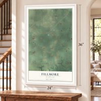 Fillmore, Michigan map, 24 x 36 inch print in a white frame by a staircase