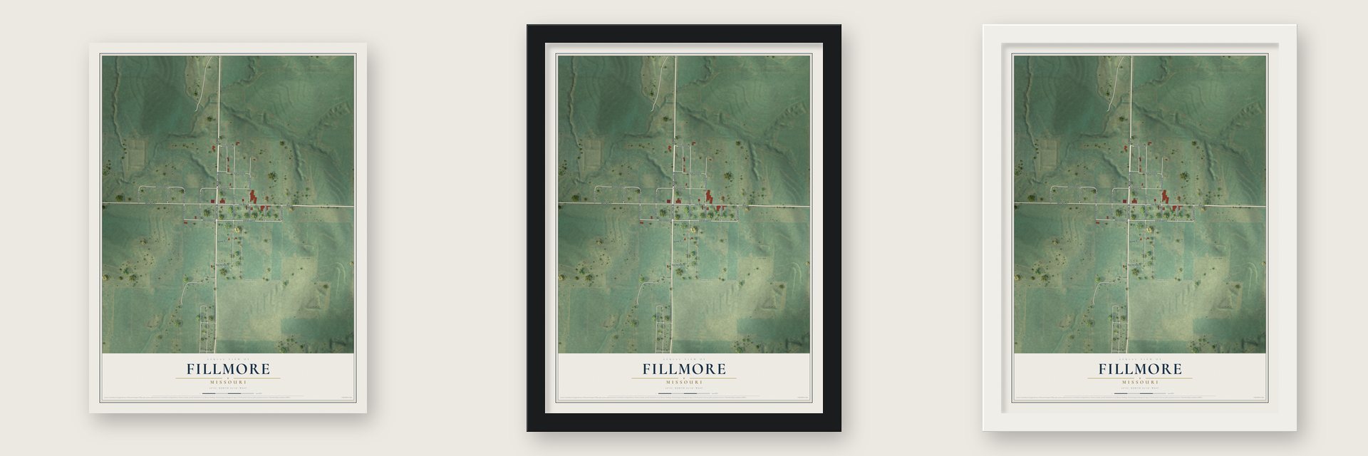 Fillmore, Missouri map unframed, in a black wood frame and in a white wood frame