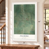 Fillmore, Missouri map, 24 x 36 inch print in a white frame by a staircase