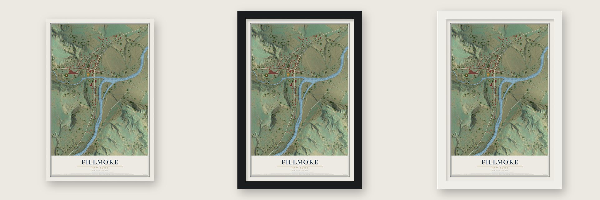 Fillmore, New York map unframed, in a black wood frame and in a white wood frame