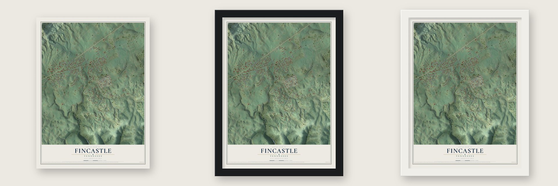 Fincastle, Tennessee map unframed, in a black wood frame and in a white wood frame