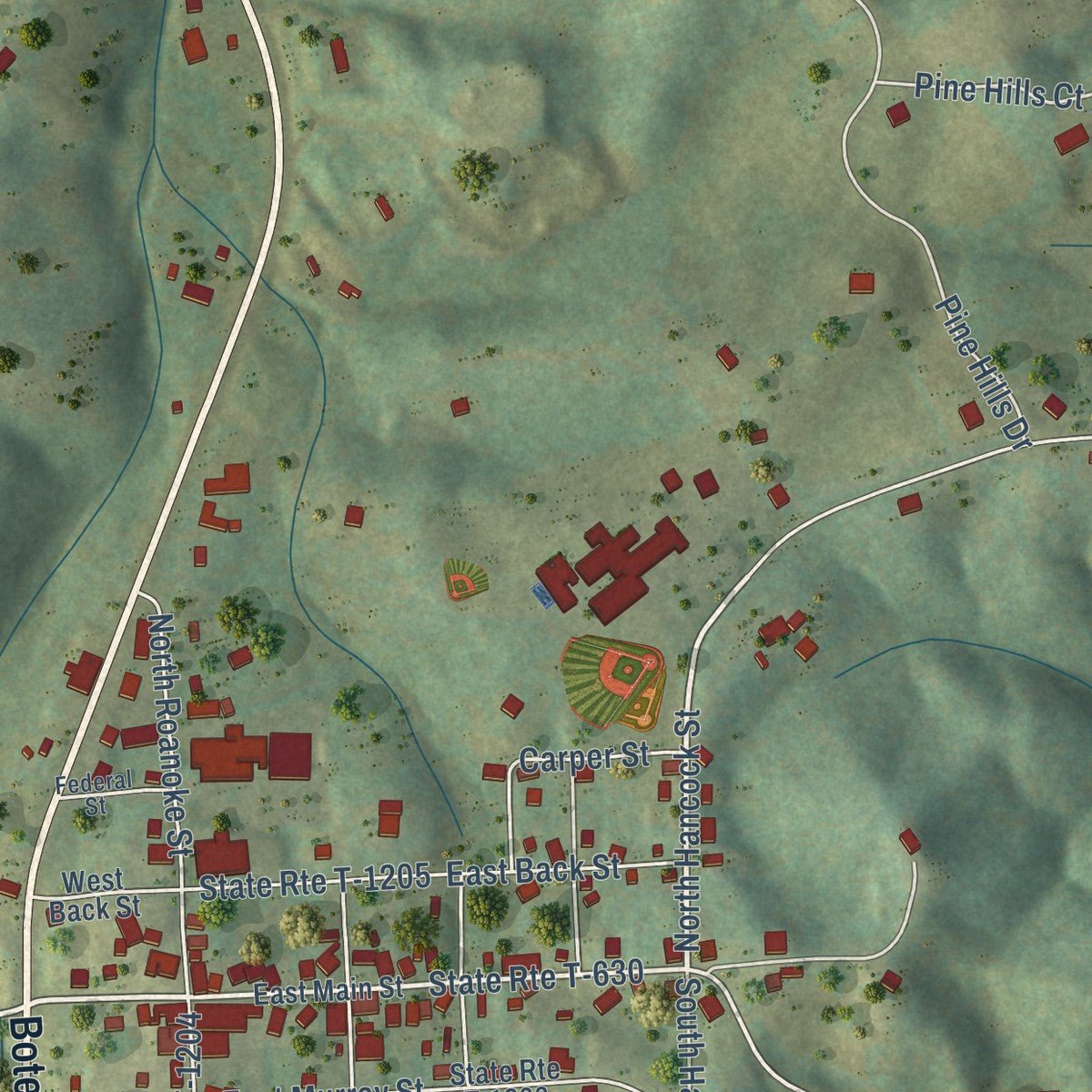 Second close-up of the map of Fincastle, Virginia print showing more streets and buildings