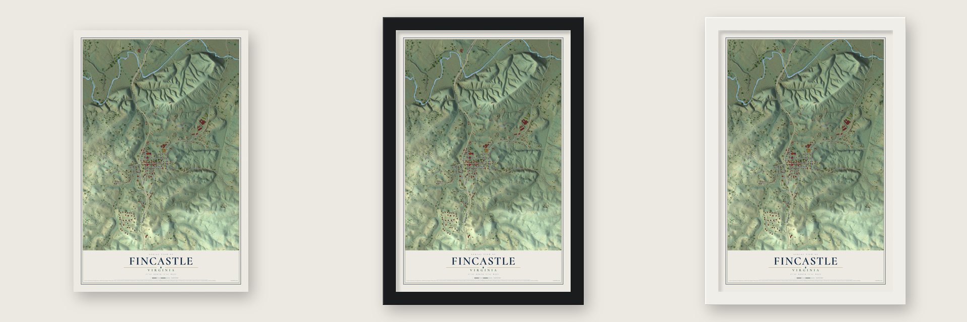 Fincastle, Virginia map unframed, in a black wood frame and in a white wood frame