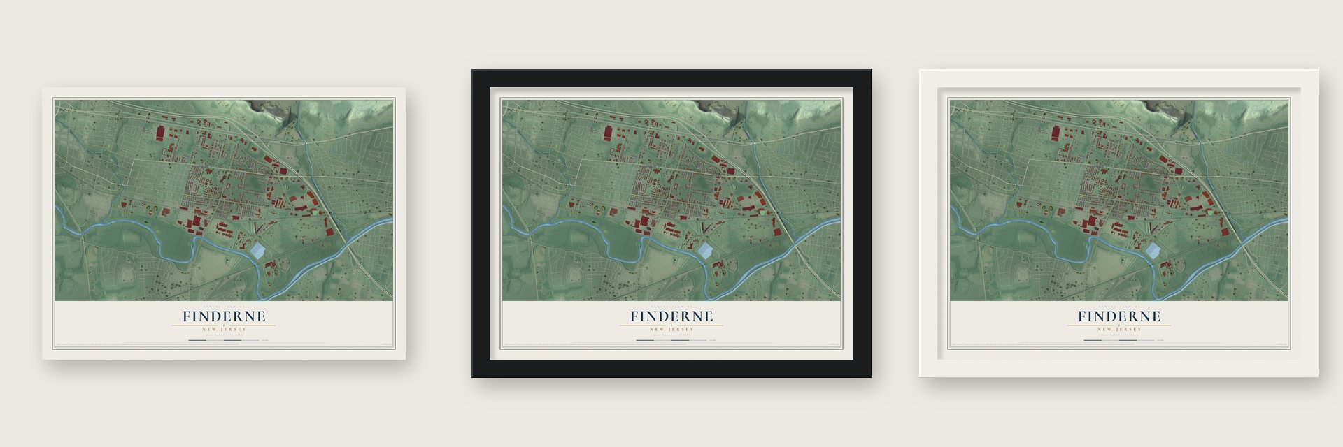 Finderne, New Jersey map unframed, in a black wood frame and in a white wood frame