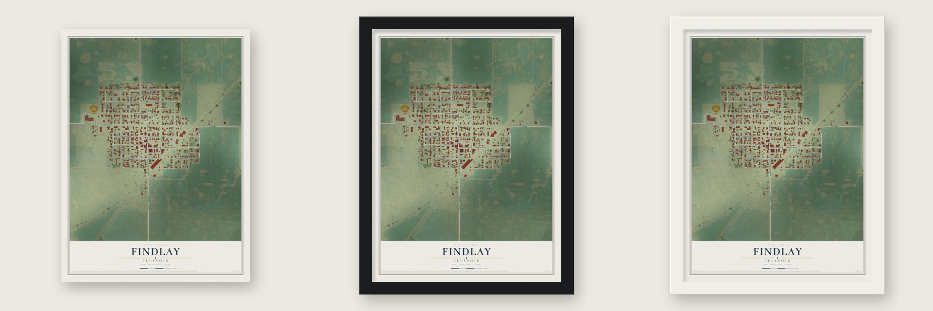 Findlay, Illinois map unframed, in a black wood frame and in a white wood frame