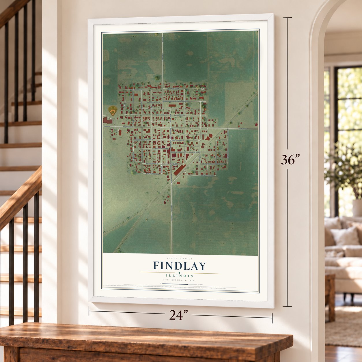 Findlay, Illinois map, 24 x 36 inch print in a white frame by a staircase