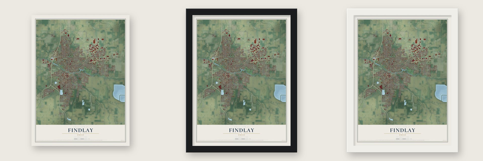 Findlay, Ohio map unframed, in a black wood frame and in a white wood frame