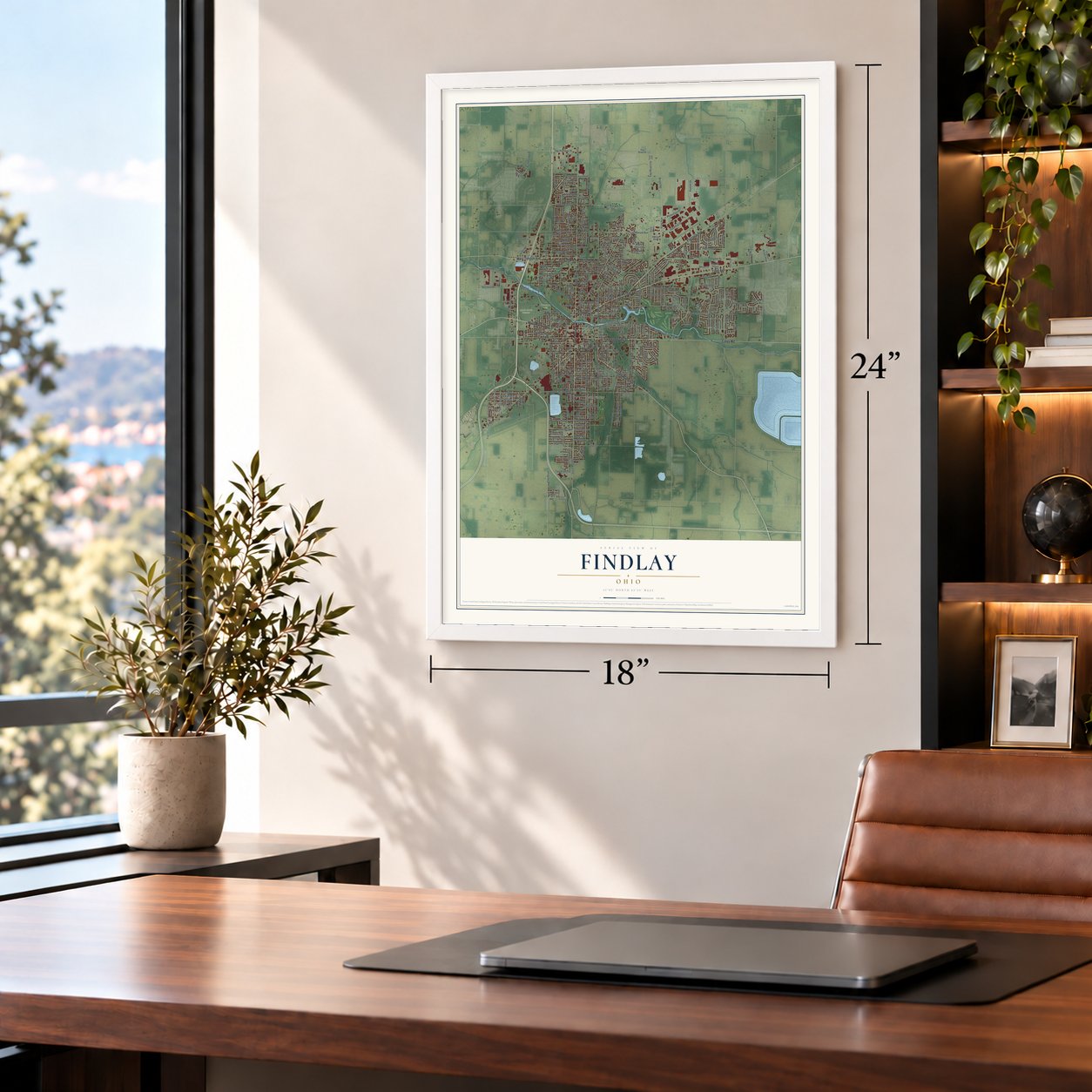 Findlay, Ohio map, 18 x 24 inch print in a white frame in a home office