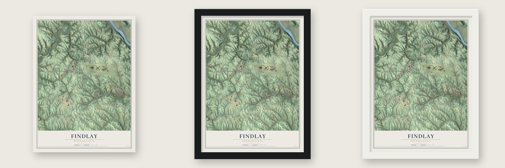Findlay, Pennsylvania map unframed, in a black wood frame and in a white wood frame