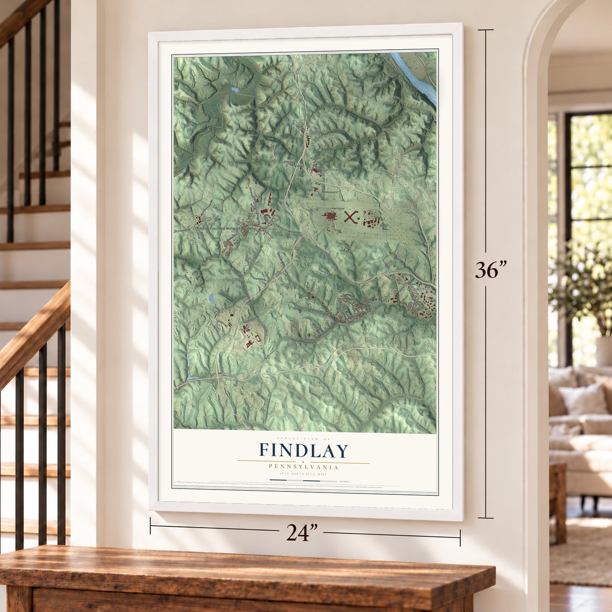 Findlay, Pennsylvania map, 24 x 36 inch print in a white frame by a staircase