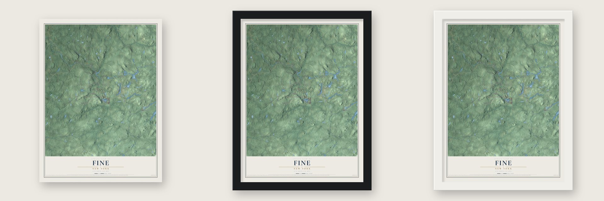 Fine, New York map unframed, in a black wood frame and in a white wood frame