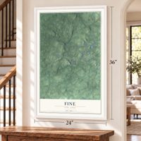 Fine, New York map, 24 x 36 inch print in a white frame by a staircase