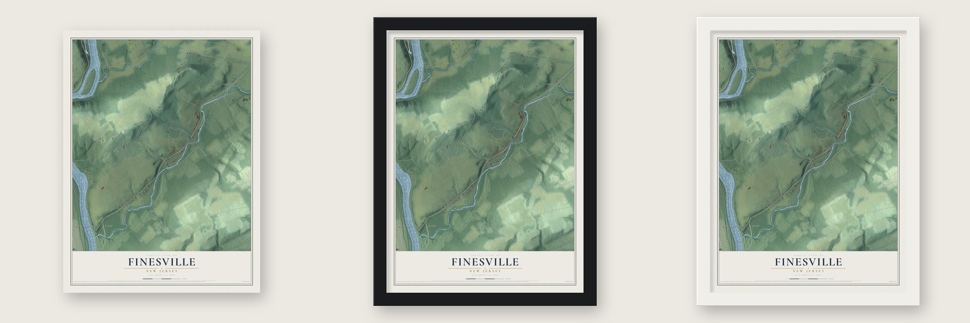 Finesville, New Jersey map unframed, in a black wood frame and in a white wood frame