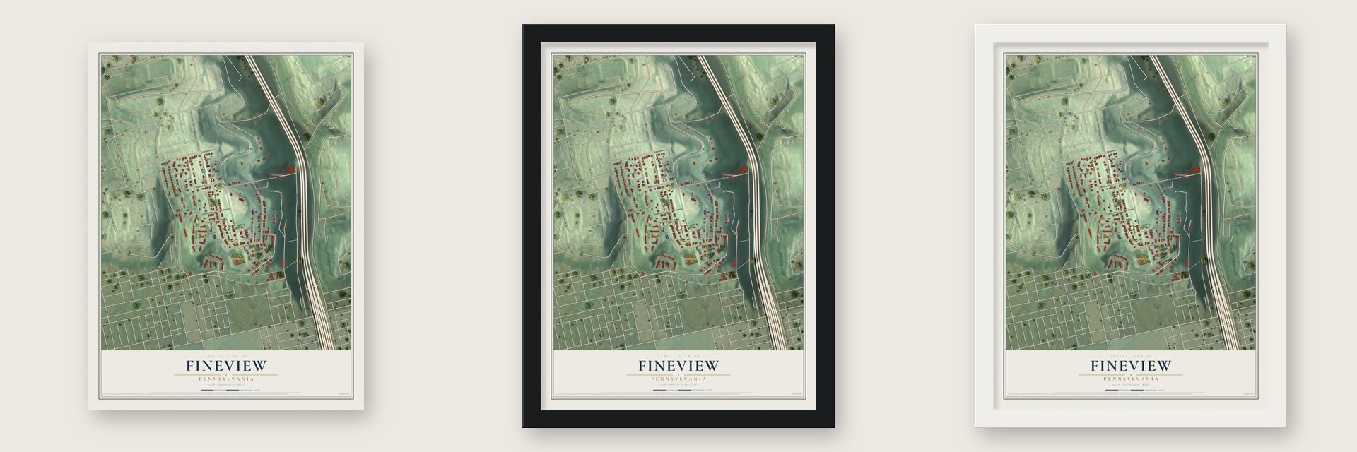Fineview, Pennsylvania map unframed, in a black wood frame and in a white wood frame