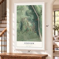 Fineview, Pennsylvania map, 24 x 36 inch print in a white frame by a staircase