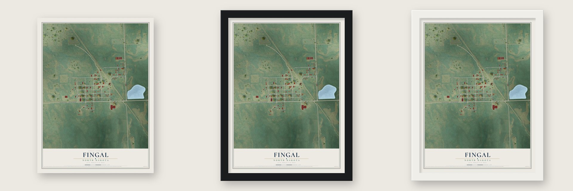 Fingal, North Dakota map unframed, in a black wood frame and in a white wood frame