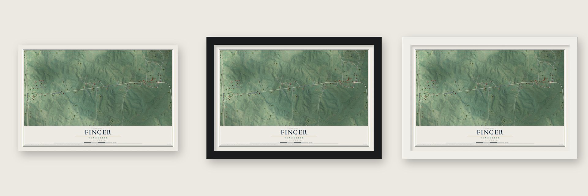 Finger, Tennessee map unframed, in a black wood frame and in a white wood frame